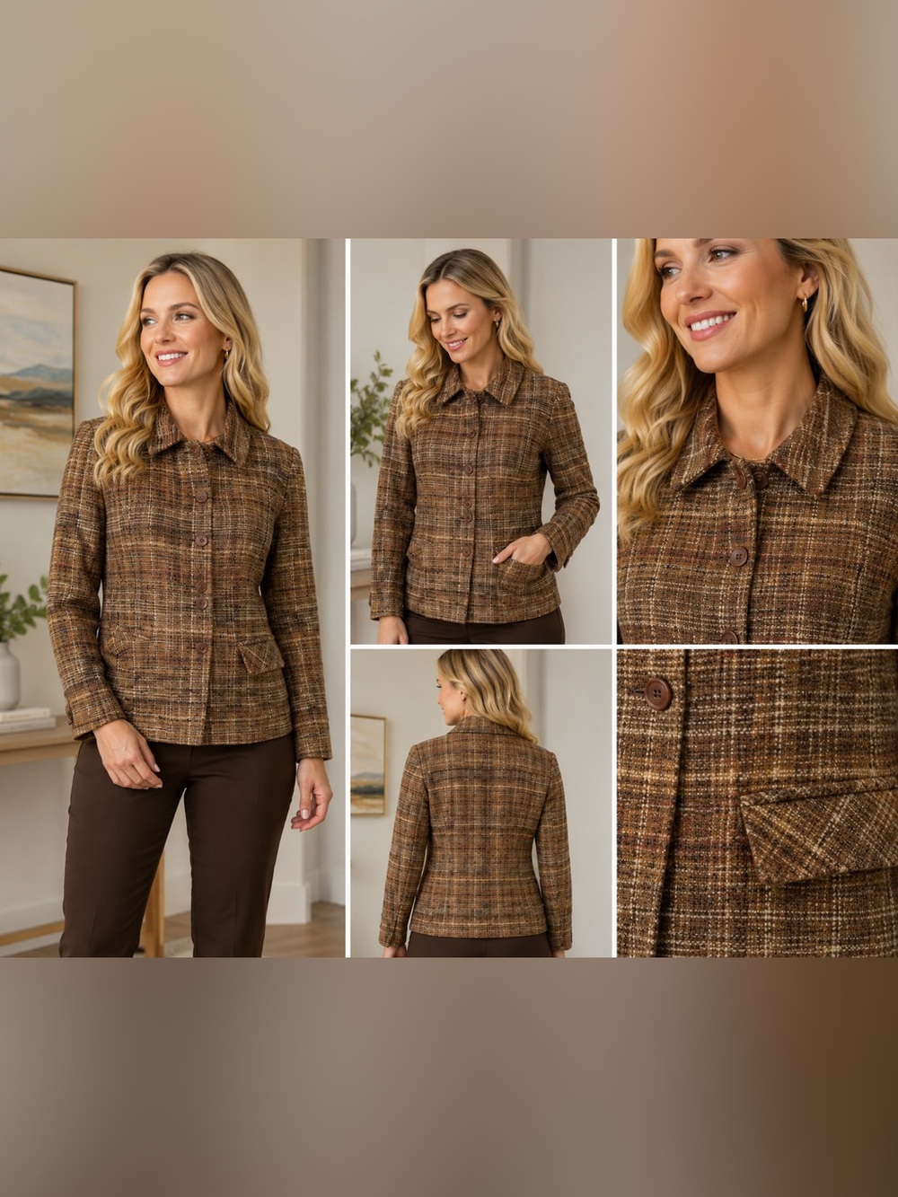 Cato Harbor Petite Brown Gold Metallic Plaid Blazer 12P